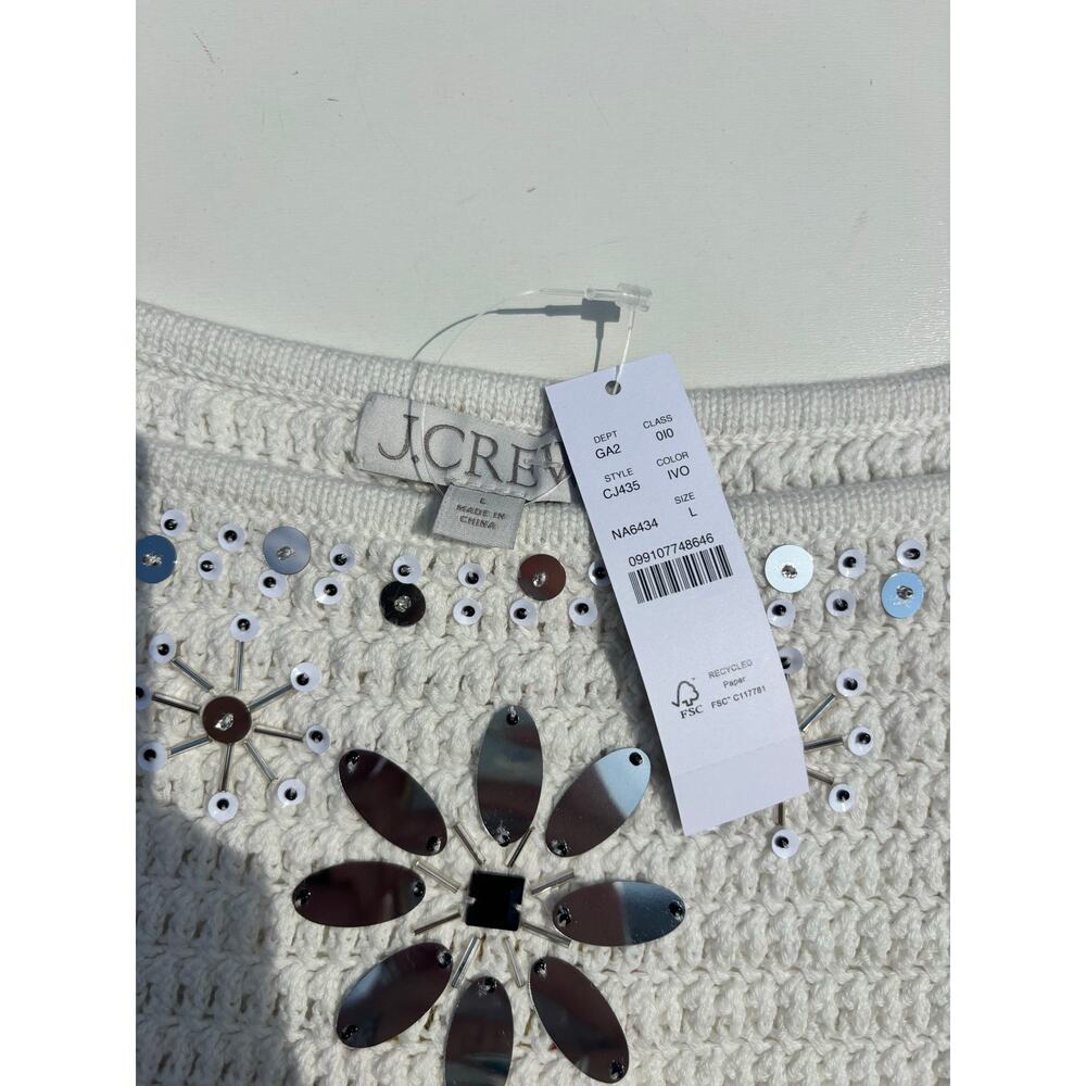 J Crew Knit Sweater Tank Hand Embellished Mirrors Square Neck White L - Picture 3 of 6